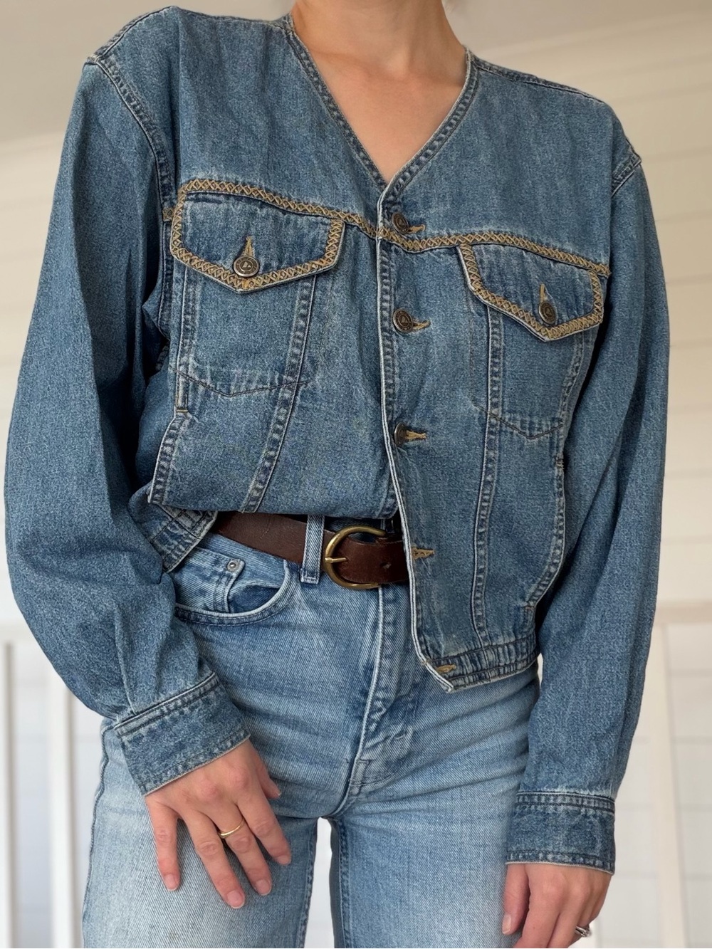Vintage Lizwear Collarless V Neck Blue Denim Jacket Braided Trim 90s Medium Fit